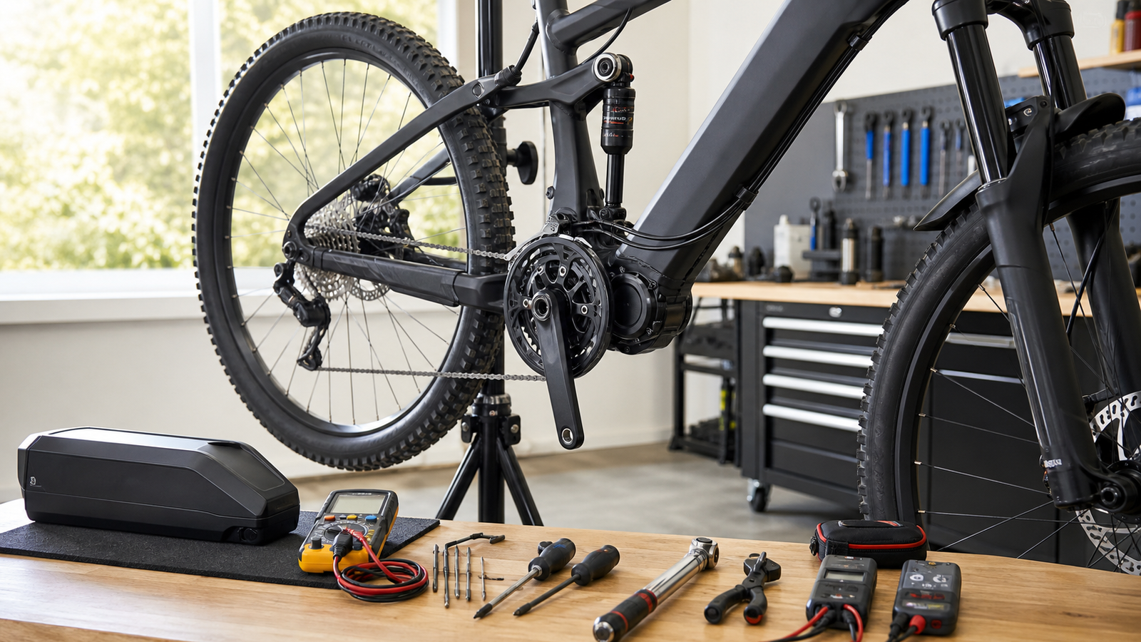 E-bike on a workshop stand with battery, tools and diagnostic equipment