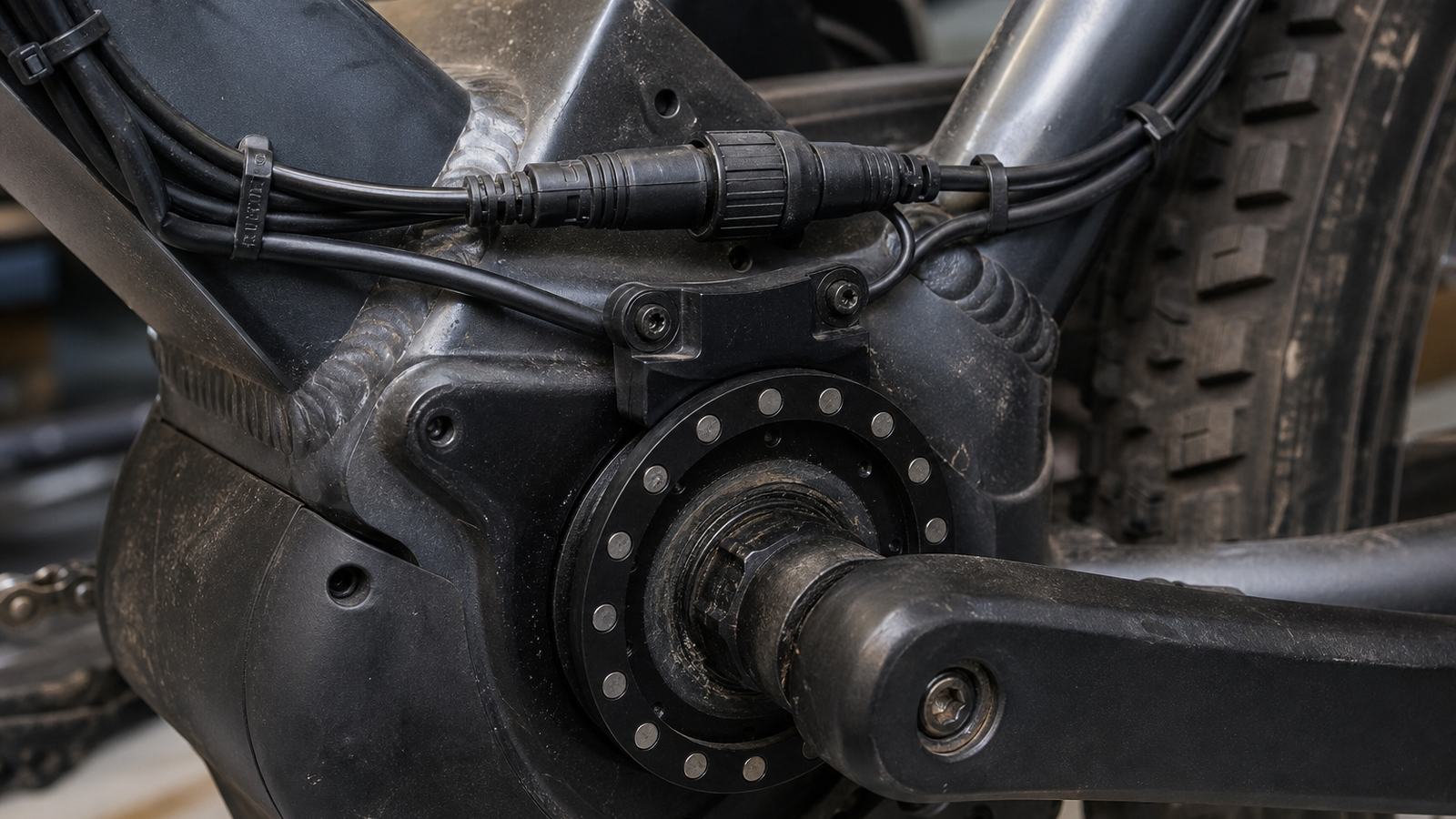 E-bike crank area on a garage workbench with tools and safe diagnostic setup
