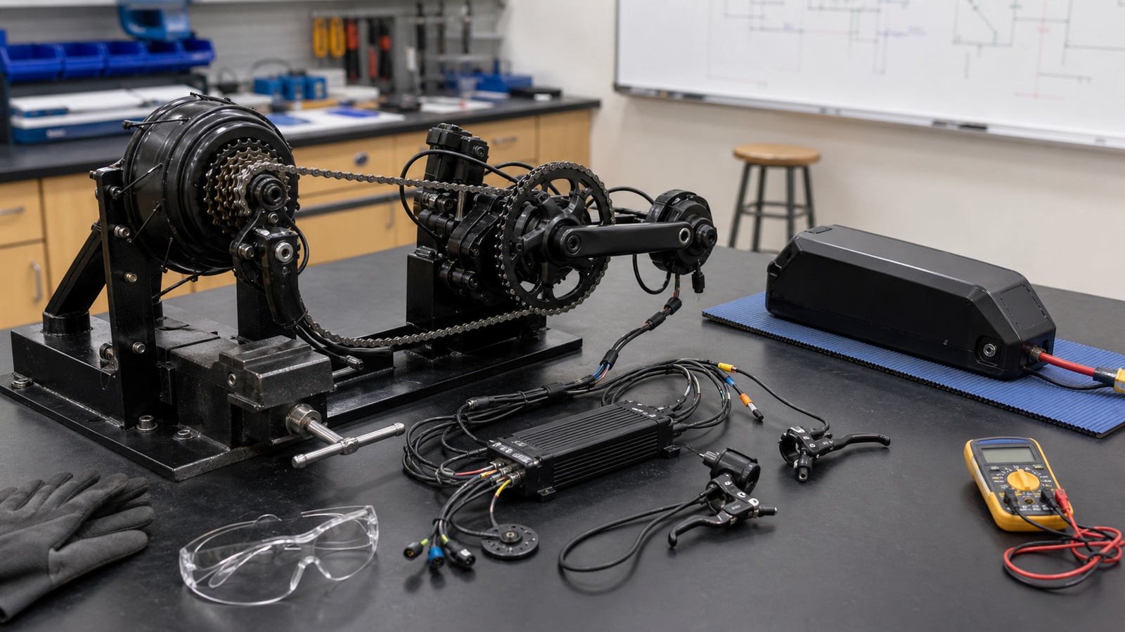 STEM classroom e-bike controls demonstration with controller, battery safely separated, and sensor leads