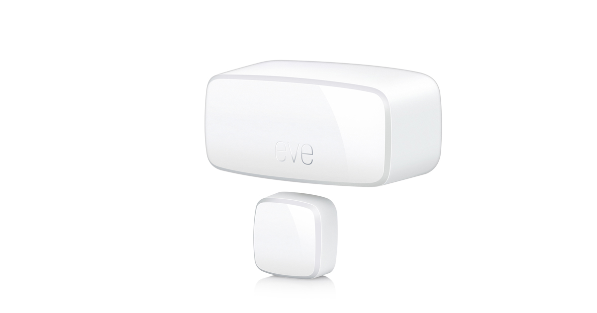 White Eve Door & Window contact sensor and magnet on a white background
