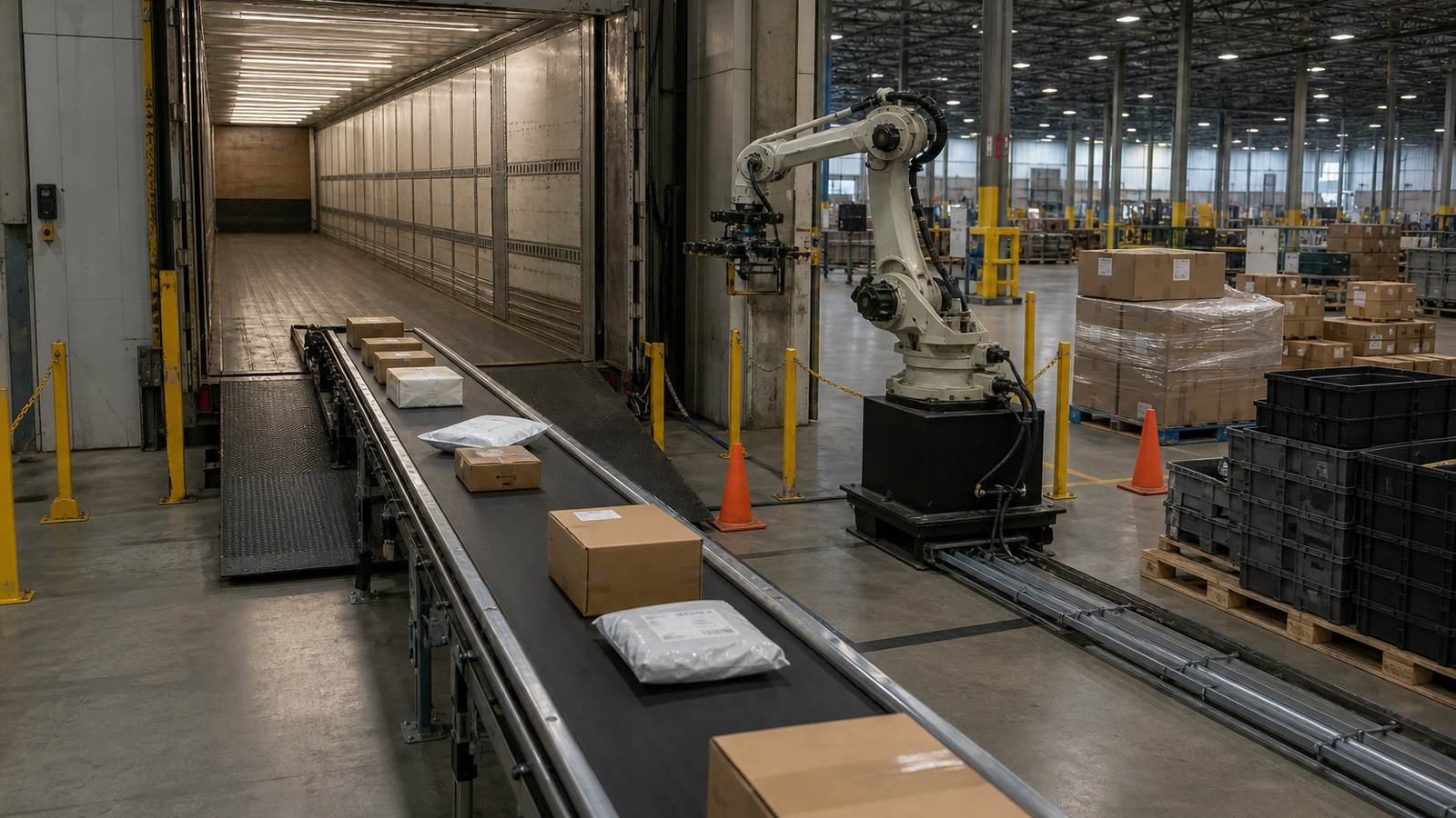 Warehouse trailer opening with parcel flow, conveyor, and robot safety zones