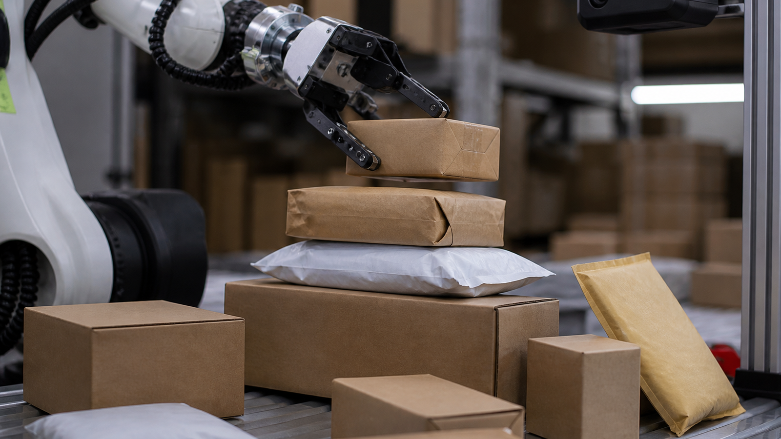 Close view of parcel-stacking geometry, depth sensing, and robot gripper workspace