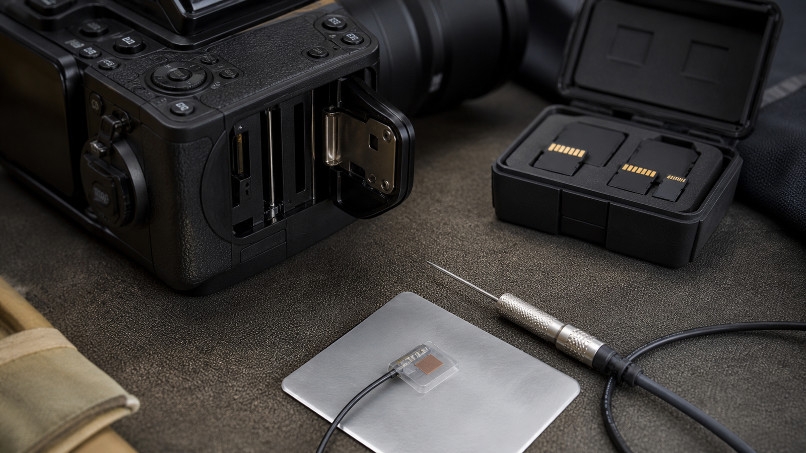 Unbranded camera media door, card case, and compact temperature test setup
