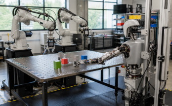 Photorealistic robotics evaluation cell with two unbranded robot arms and a humanoid torso test rig reaching toward blocks on a workbench, safety mat, cali