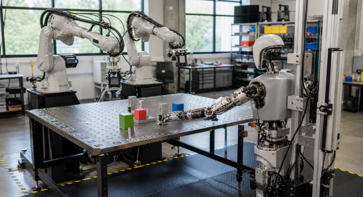 Photorealistic robotics evaluation cell with two unbranded robot arms and a humanoid torso test rig reaching toward blocks on a workbench, safety mat, cali Photorealistic robotics evaluation cell with two unbranded robot arms and a humanoid torso test rig reaching toward blocks on a workbench, safety mat, cali