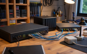 Realistic home-lab networking bench with unbranded router, small sensors, mini server, Ethernet patch leads, RF interference test notes turned face down, w