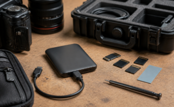 Professional field-media storage kit with unbranded external SSD, short USB-C cable, camera memory cards, thermal pad, small screwdriver, rugged case, warm