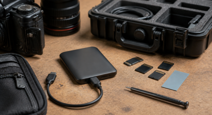 Professional field-media storage kit with unbranded external SSD, short USB-C cable, camera memory cards, thermal pad, small screwdriver, rugged case, warm
