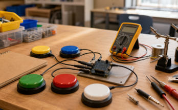 Warm classroom maker bench with large adaptive switch buttons, microcontroller, 3.5 mm jack cables, mounting plate, multimeter, and notebook turned face do