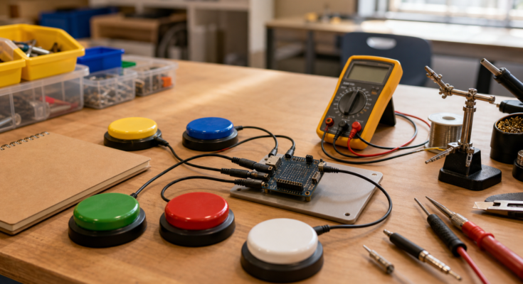 Warm classroom maker bench with large adaptive switch buttons, microcontroller, 3.5 mm jack cables, mounting plate, multimeter, and notebook turned face do Warm classroom maker bench with large adaptive switch buttons, microcontroller, 3.5 mm jack cables, mounting plate, multimeter, and notebook turned face do