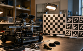 Realistic robot-vision test bench with small mobile robot, two unbranded camera modules, calibration checkerboard, AprilTag-style marker board, LED work li