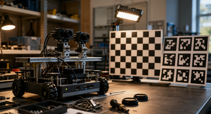 Realistic robot-vision test bench with small mobile robot, two unbranded camera modules, calibration checkerboard, AprilTag-style marker board, LED work li