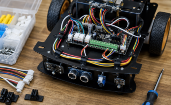 Robot sensor wiring bench comparing plug connectors and screw terminals