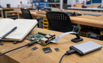 Raspberry Pi-style AI project bench with microSD cards, USB SSD, camera module, and power cable
