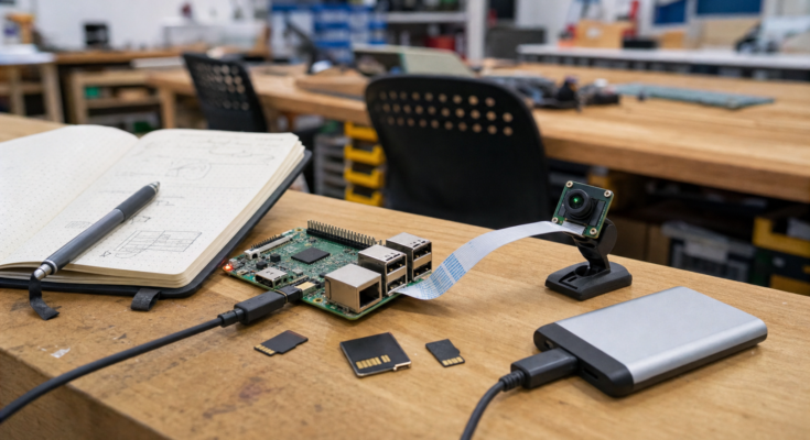 Raspberry Pi-style AI project bench with microSD cards, USB SSD, camera module, and power cable