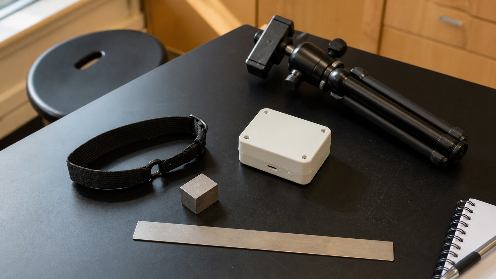 STEM worktable with inertial sensor logger, elastic strap, and calibration tools