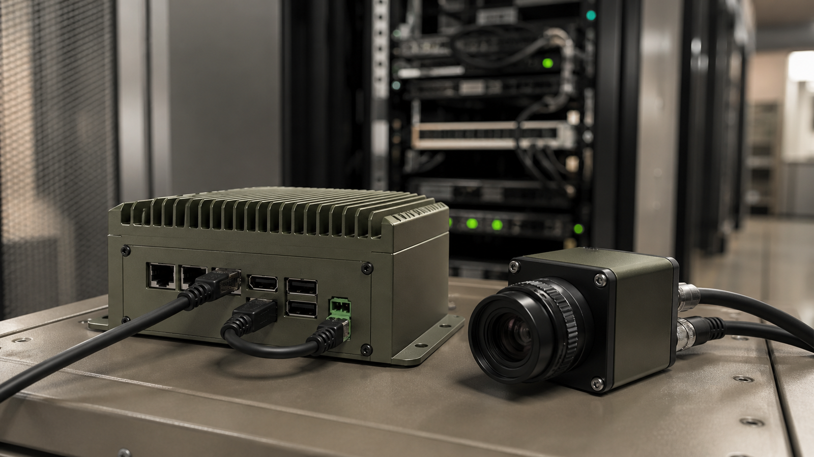 Edge device connected to a local inference system and server rack without labels or logos
