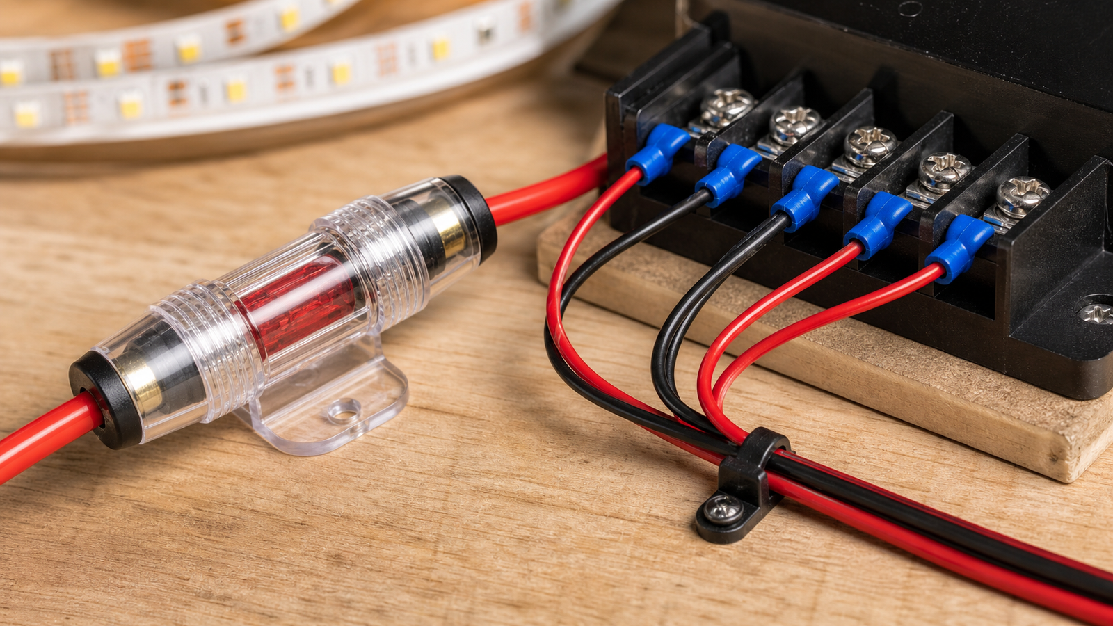 Inline fuse holder, terminal block, and neatly routed low-voltage LED strip wiring