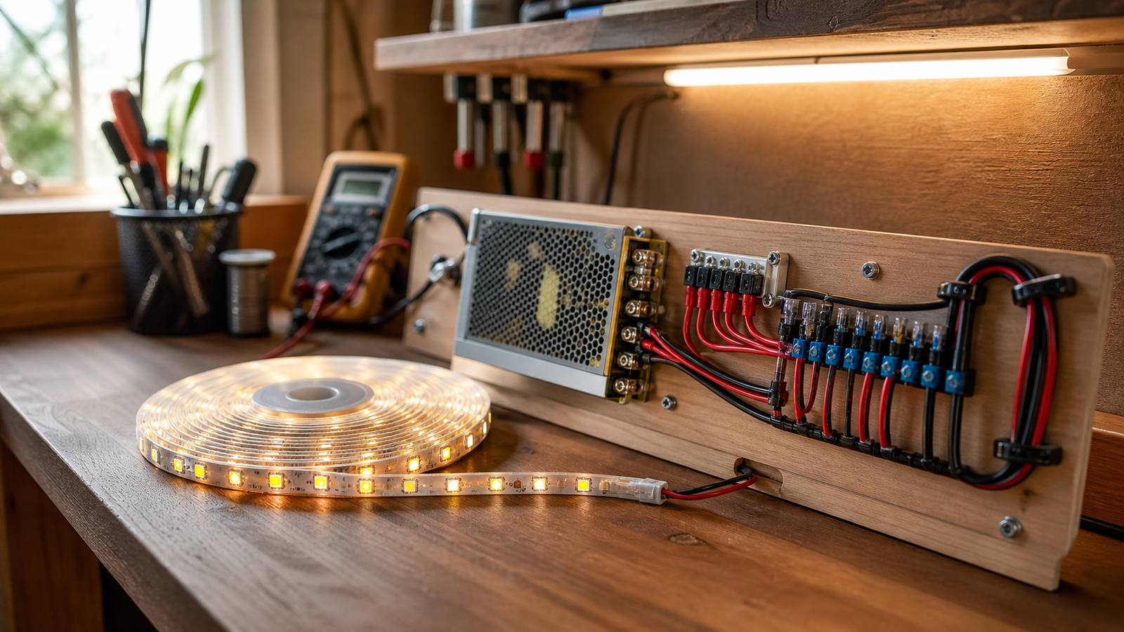 Multimeter probe checking LED strip voltage near a power-injection point with display turned away