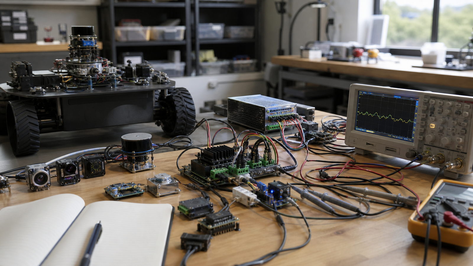 Robotics startup bench with sensors, power modules, and signal cables laid out for review