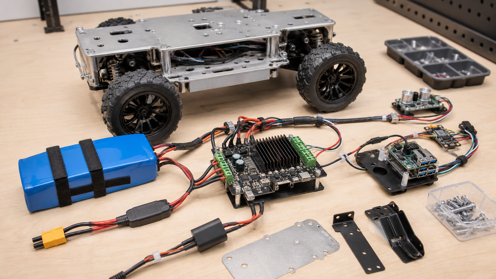 Mobile robot electronics test setup showing battery, motor controller, and sensor board modules
