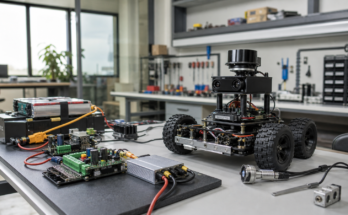 Robotics startup workspace with sensor modules, power electronics, and a small mobile robot prototype