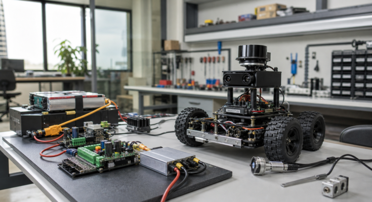 Robotics startup workspace with sensor modules, power electronics, and a small mobile robot prototype Robotics startup workspace with sensor modules, power electronics, and a small mobile robot prototype