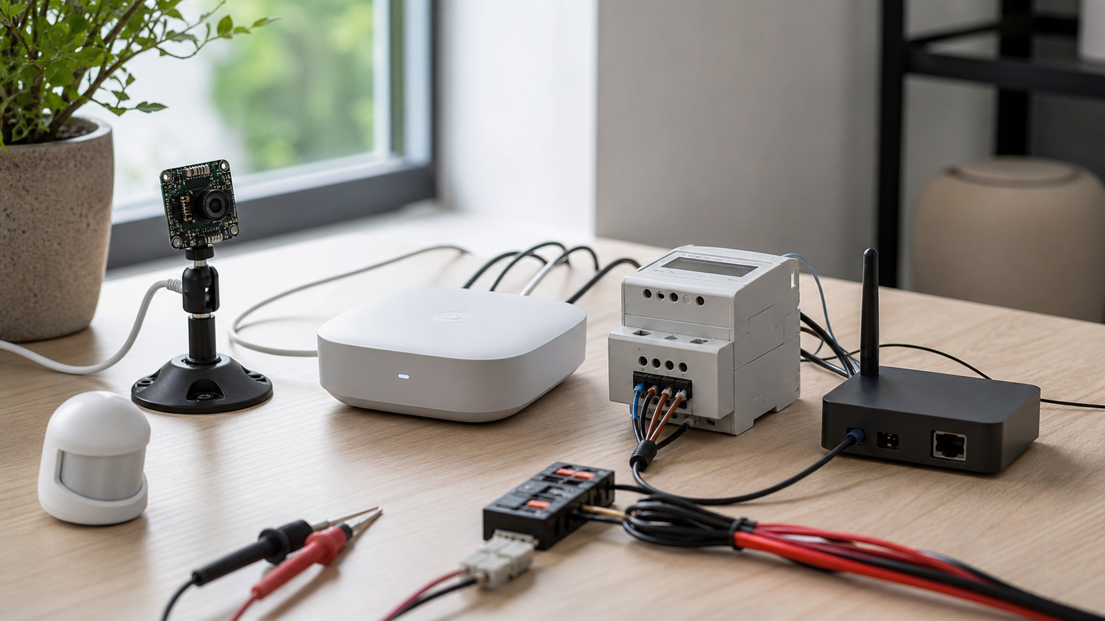 Smart home test bench with camera module, hub, energy meter, and Thread border router