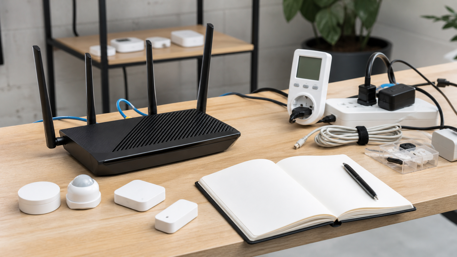Checklist-style smart home validation bench with Wi-Fi router, Thread devices, and power monitoring