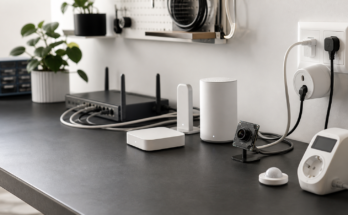 Smart home home-lab bench with camera, energy monitor, hub, and Thread network devices