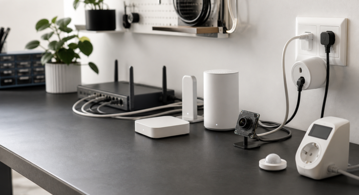 Smart home home-lab bench with camera, energy monitor, hub, and Thread network devices Smart home home-lab bench with camera, energy monitor, hub, and Thread network devices