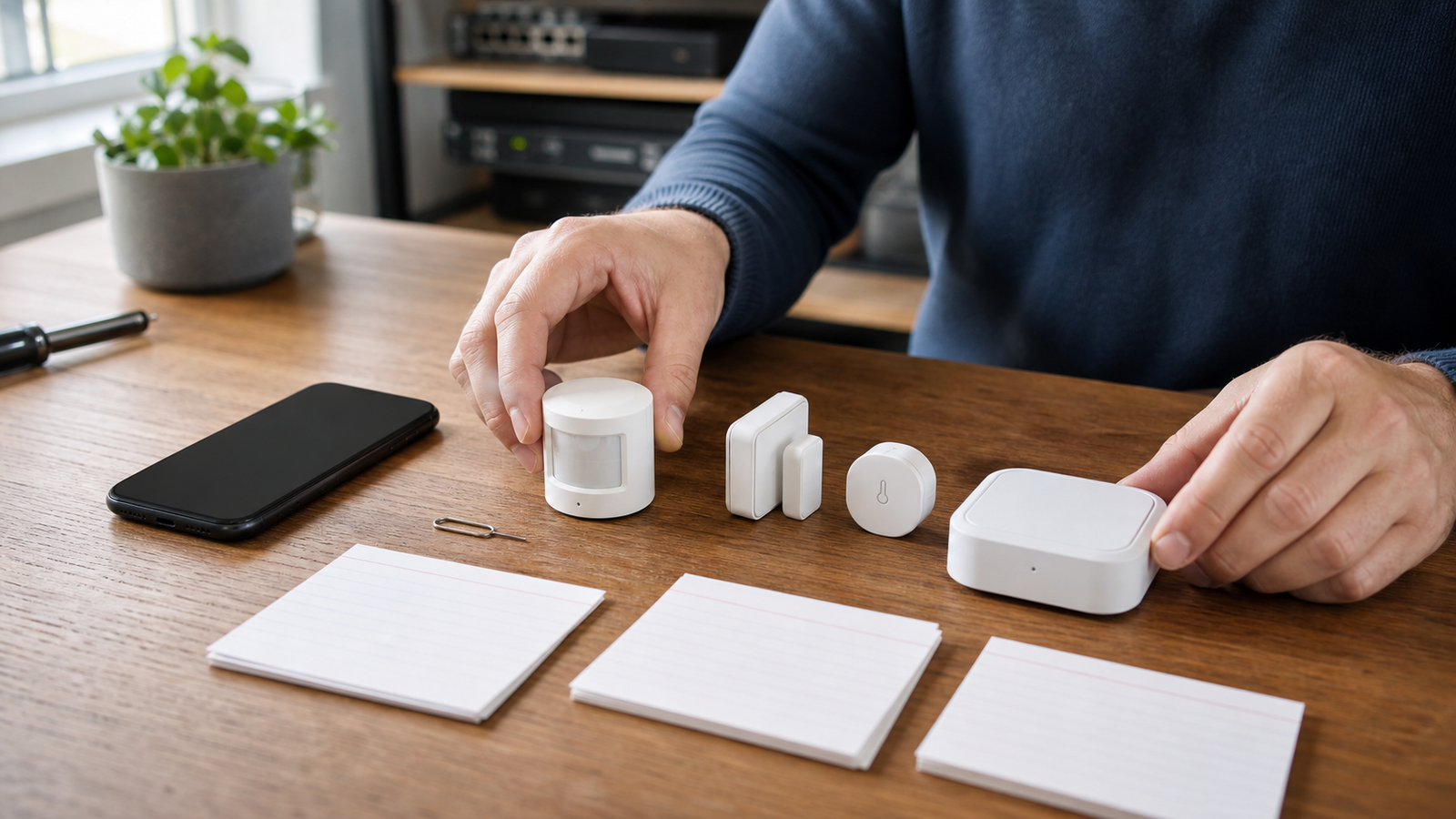 Technician arranging smart-home sensors and change-log cards with no readable labels