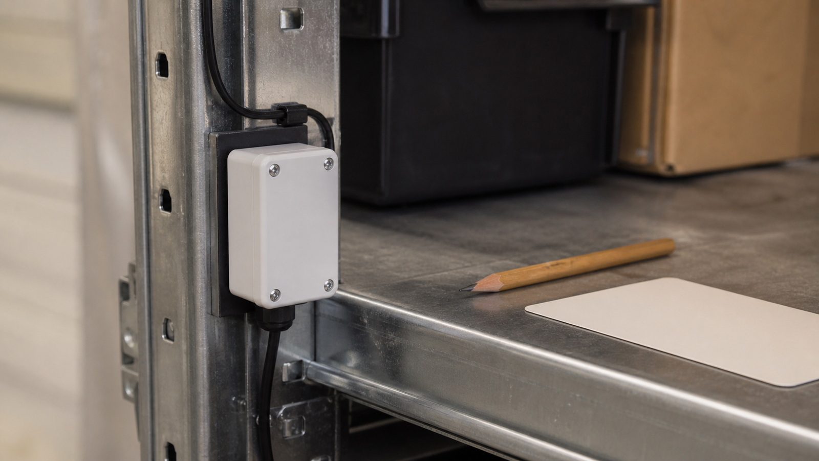 Close view of a battery sensor mounted near a metal shelf with a test notebook