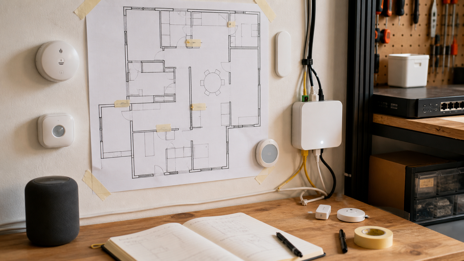 Smart home lab wall map with Thread sensors and border router placement