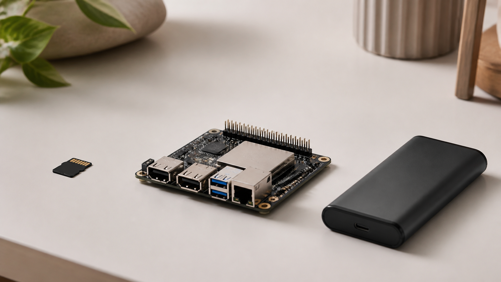 A microSD-size card, single-board computer and external USB storage device on a workbench