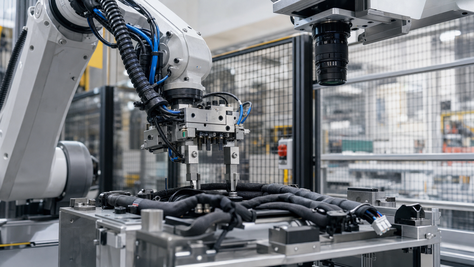 Robot gripper and overhead camera handling a flexible factory component