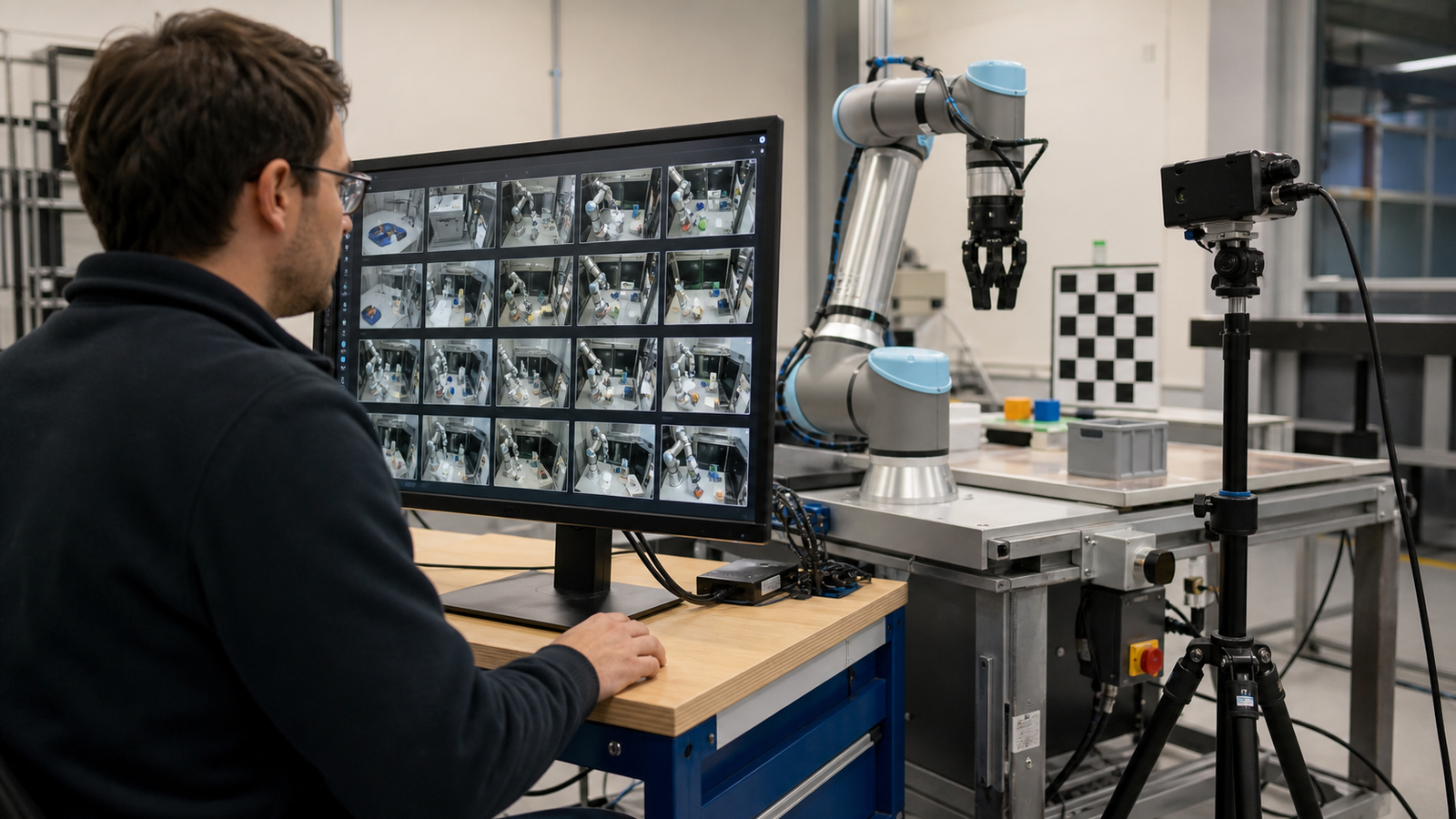 Robotics lab reviewing demonstration video data for a robot arm