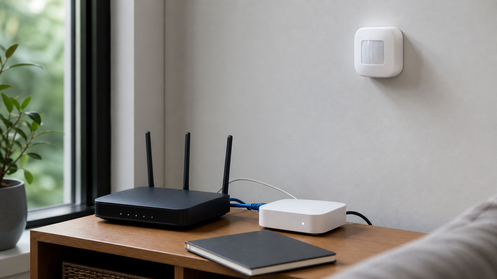 Privacy-aware smart-home sensor validation setup with notebook turned face down and router