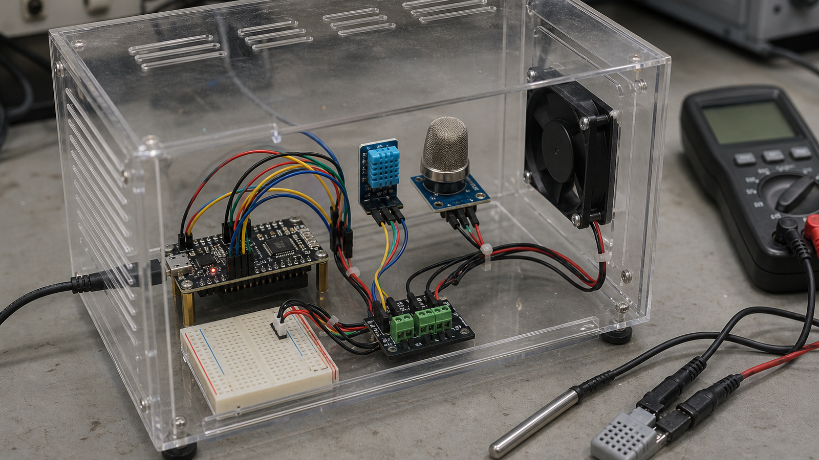Gas sensor breakout module on a maker electronics bench with test equipment