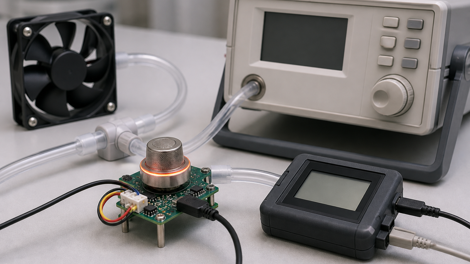 Ventilated enclosure with a microcontroller, gas sensor, fan, and reference meter