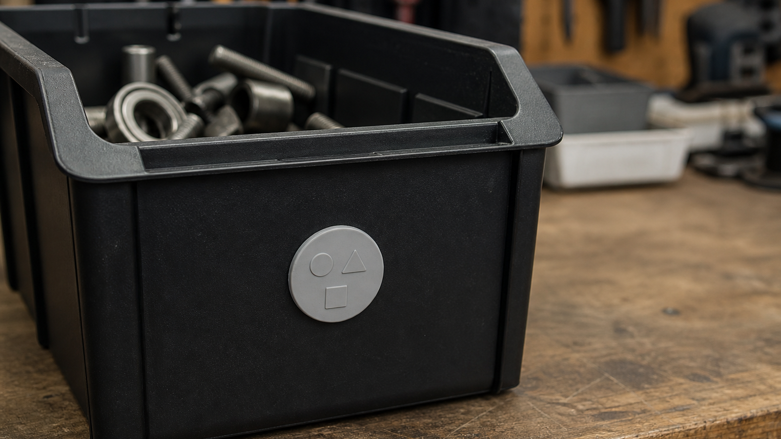 Close view of tactile tool label, NFC tag, and QR label on a storage bin