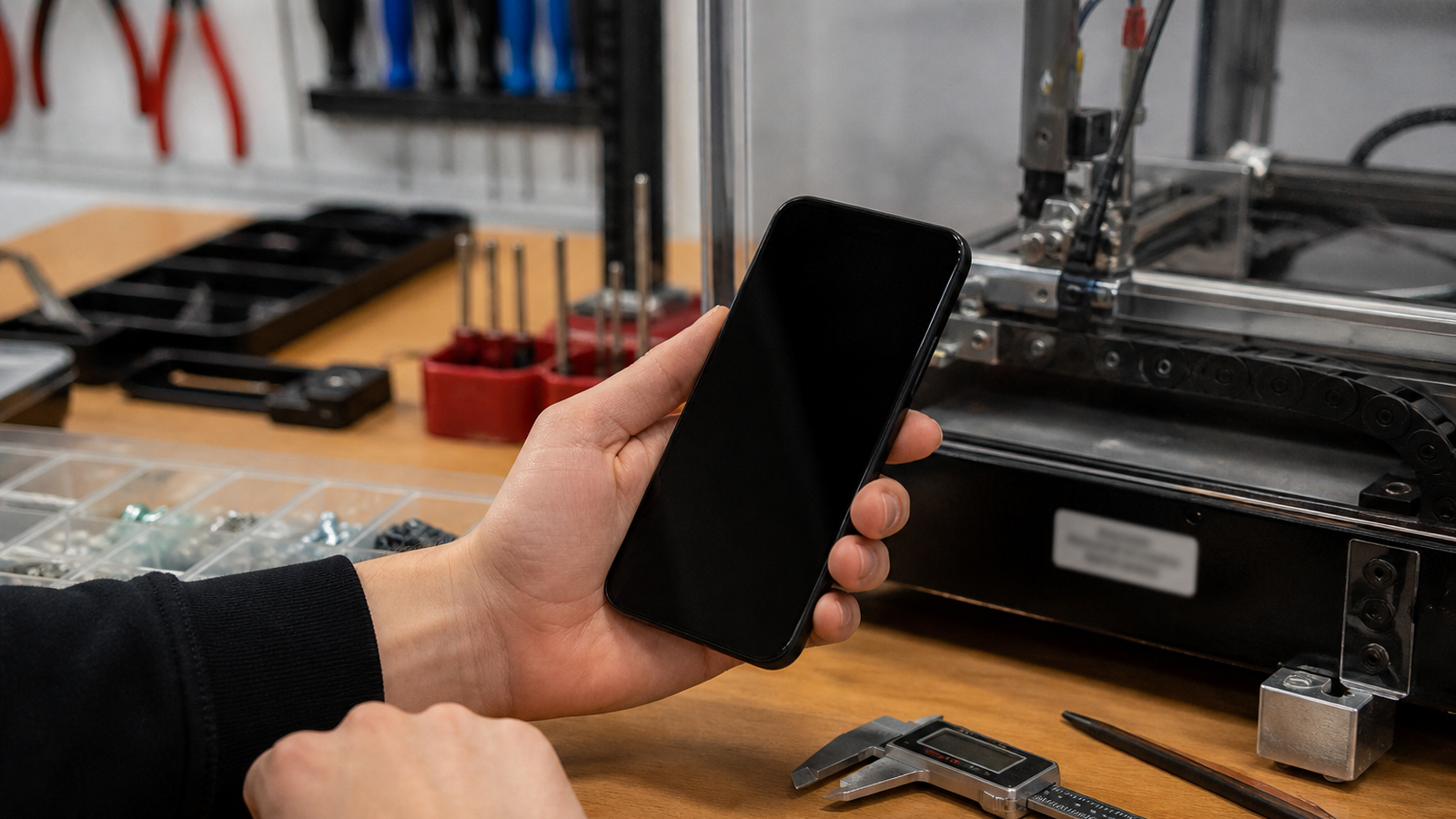 Student scanning a maker lab equipment label beside organized tools