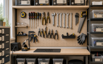 Accessible maker lab tool wall with NFC and QR labels on bins and equipment