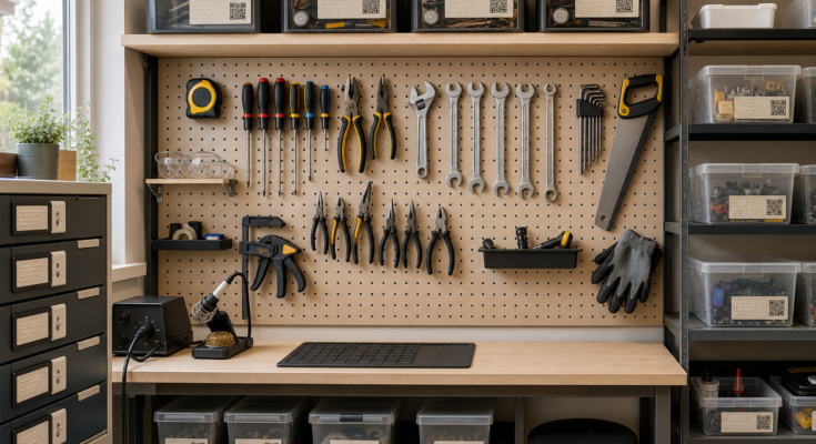 Accessible maker lab tool wall with NFC and QR labels on bins and equipment