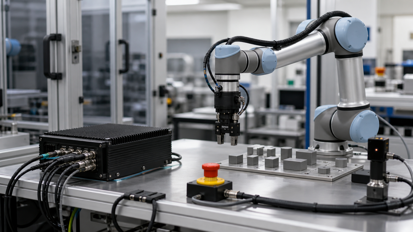 Edge AI validation station with robot arm, safety stop, and logged sensor traces