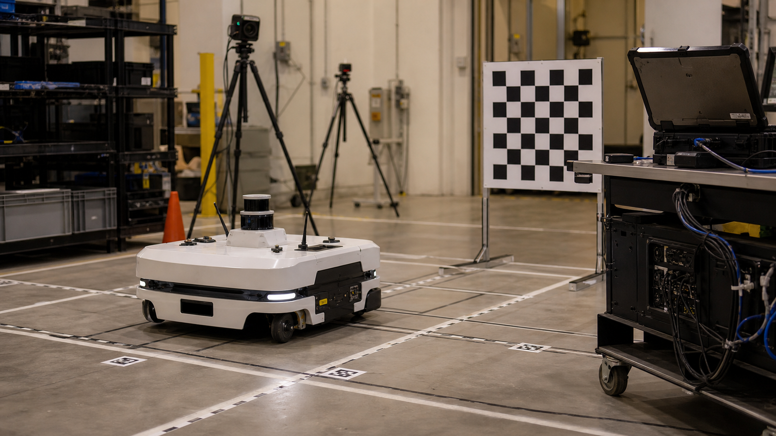 Robot simulation workstation showing evaluation runs beside a real mobile manipulator test area