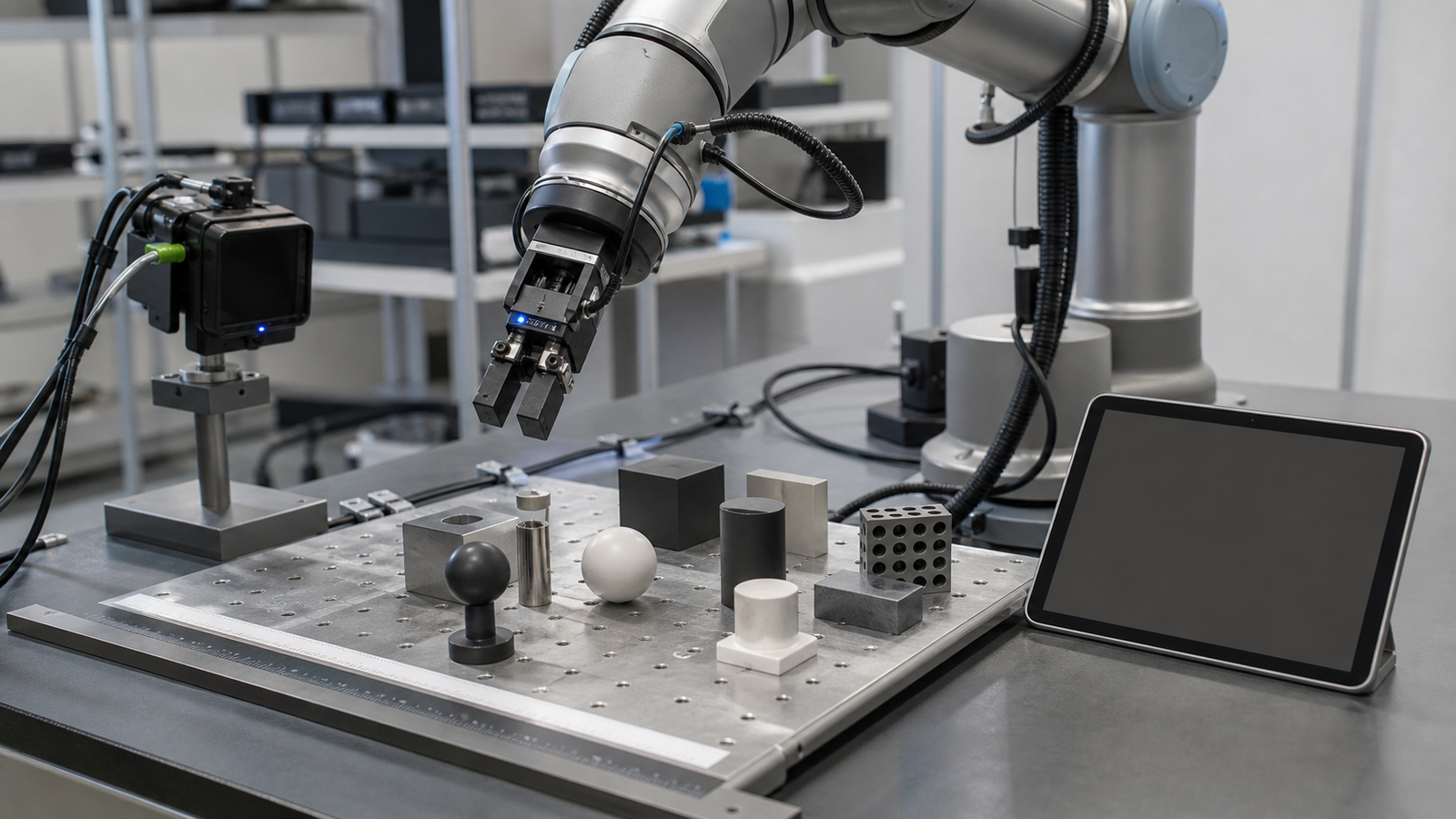 Robot arm testing standardized objects on a measured robotics bench