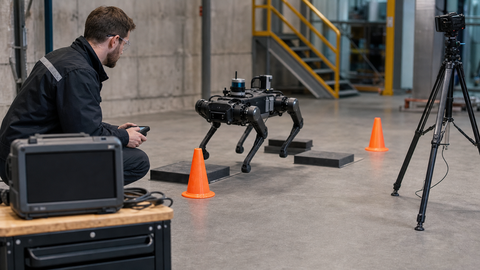 Robot inspection test course with tripod camera and field data logger