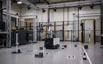 Robot evaluation cell with mobile manipulator, calibration objects, and overhead cameras