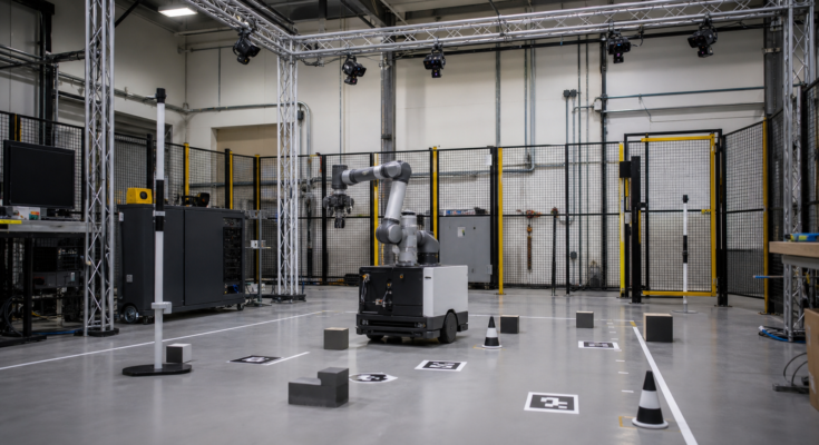 Robot evaluation cell with mobile manipulator, calibration objects, and overhead cameras